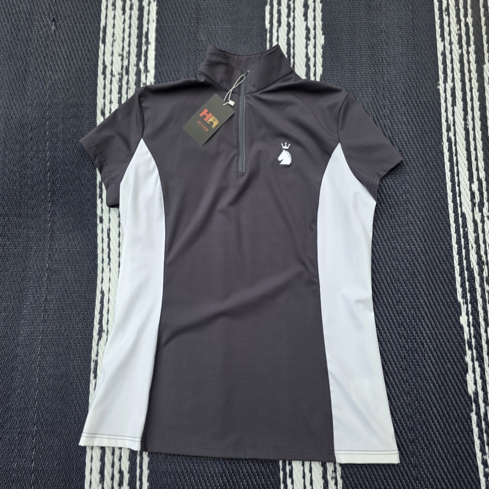 HR Farm Grey with White Colorblock Short Sleeve Women's Riding Polo Shirt Large